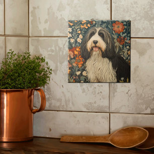 Bearded Collie in a William Morris Style Garden Ceramic Tile