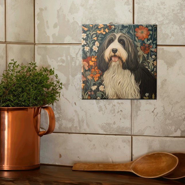 Bearded Collie in a William Morris Style Garden Ceramic Tile (Creator Uploaded)