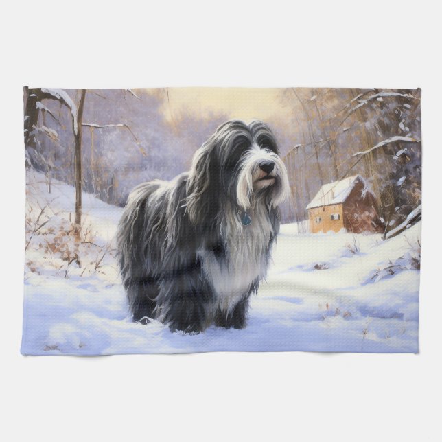 Bearded Collie Let It Snow Christmas  Tea Towel (Horizontal)