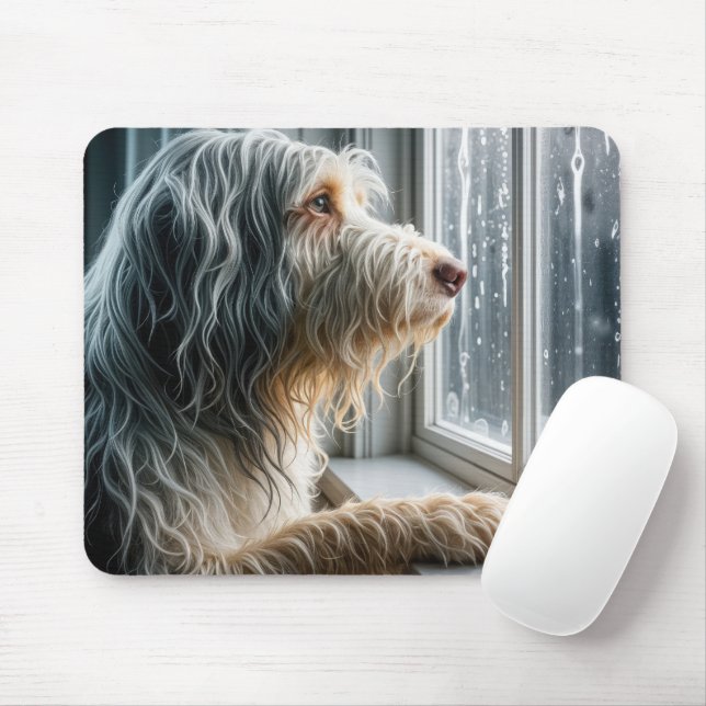 Bearded Collie Looking at a Rainy Window Mouse Pad (With Mouse)
