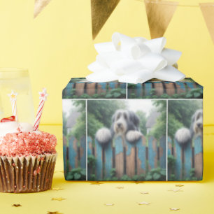 Bearded Collie On a Shabby Fence Wrapping Paper