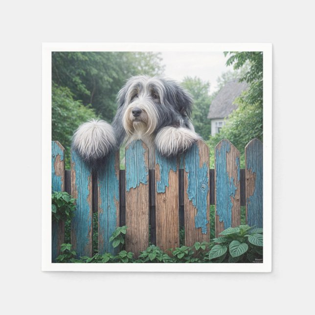 Bearded Collie Peeking Over Old Fence Napkin (Front)