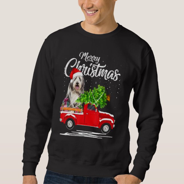 Bearded Collie Ride Red Truck Christmas Pajama Sweatshirt (Front)