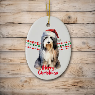 Bearded Collie Santa Hat Holiday Beads Ceramic Ornament