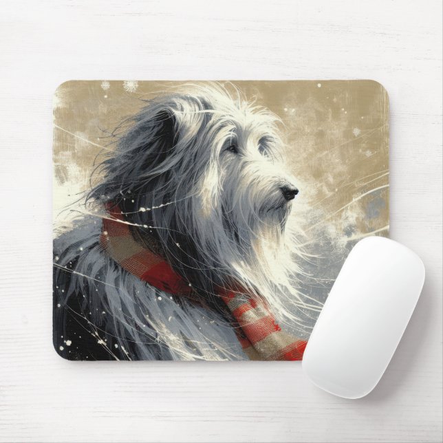 Bearded Collie Wearing Striped Winter Scarf Mouse Pad (With Mouse)