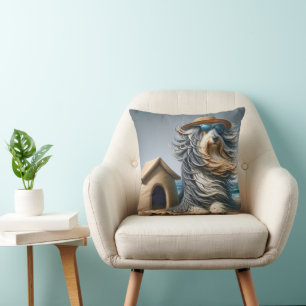 Bearded Collie With Sandcastle Doghouse Cushion