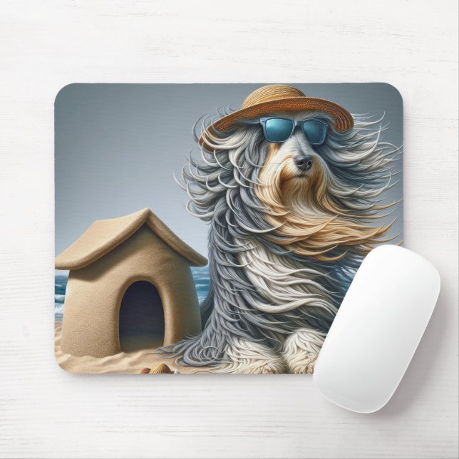 Bearded Collie With Sandcastle Doghouse Mouse Pad (With Mouse)