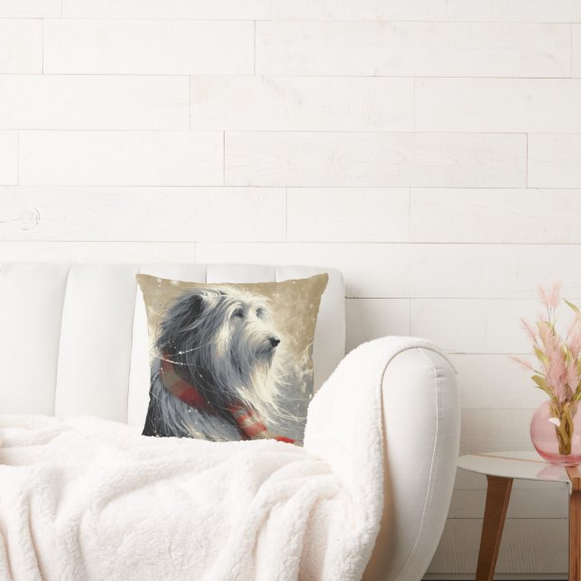 Bearded Collie With Striped Winter Scarf Cushion (Couch)