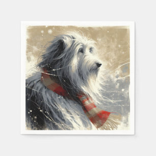 Bearded Collie With Striped Winter Scarf Napkin