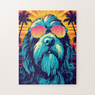 Bearded Collie with sunglasses at the beach Jigsaw Puzzle