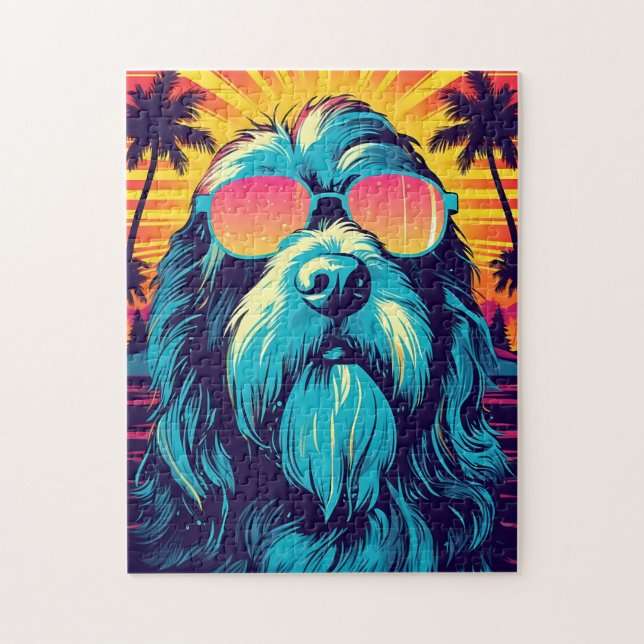 Bearded Collie with sunglasses at the beach Jigsaw Puzzle (Vertical)