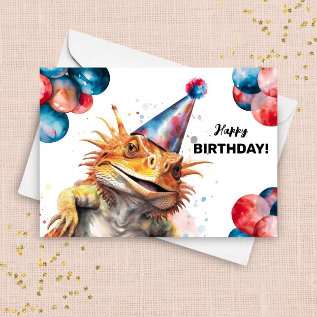 Bearded Dragon Balloons and Party Hat Birthday Card (Creator Uploaded)