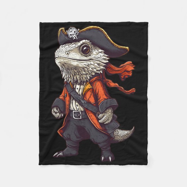 Bearded Dragon Dressed As A Pirate Funny Halloween Fleece Blanket (Front)