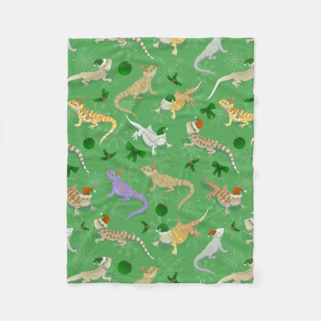 Bearded Dragon Morph Holiday Green Fleece Blanket (Front)