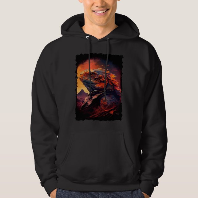 Bearded Dragon mountains sunset lizard retro 70s v Hoodie (Front)