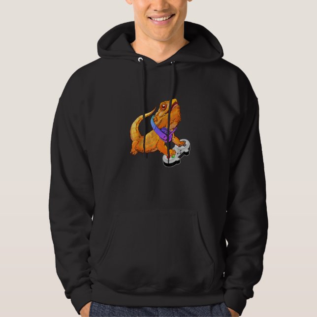 Bearded Dragon Playing Video Games  Gamer  Boy Men Hoodie (Front)