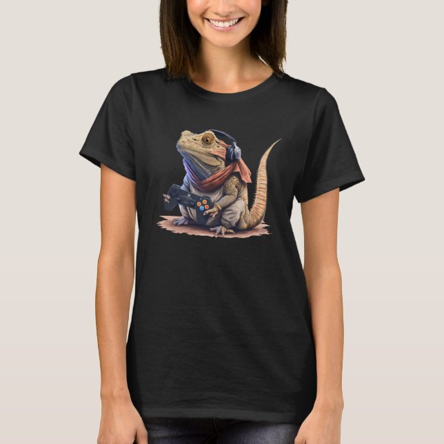 Bearded Dragon Playing Video Games Reptiles lizard T-Shirt (Front)