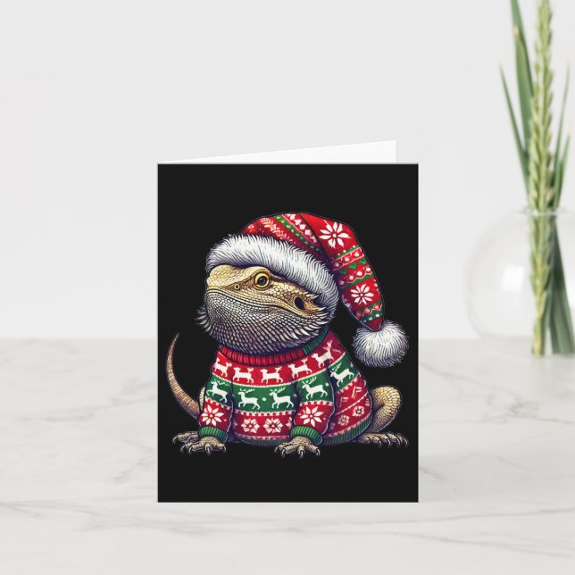 Bearded Dragon Ugly Sweater Santa Hat Christmas  Card (Front)