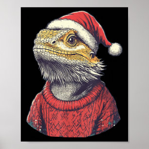 Bearded Dragon Ugly Sweater Santa Hat Christmas Poster