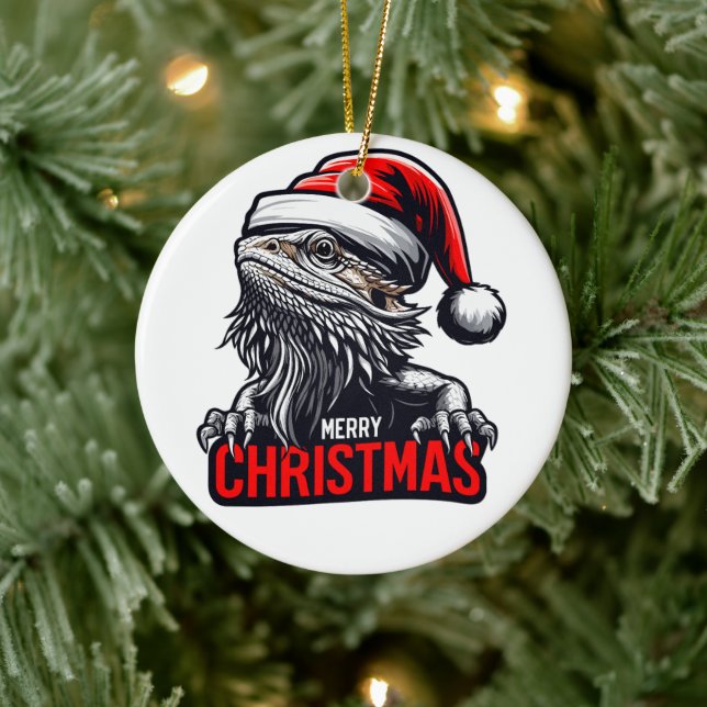 Bearded Dragon Xmas, Merry Christmas Santa Lizard Ceramic Ornament (Tree)