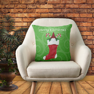 Bearded Gnome in Christmas Stocking Green Swirls Cushion
