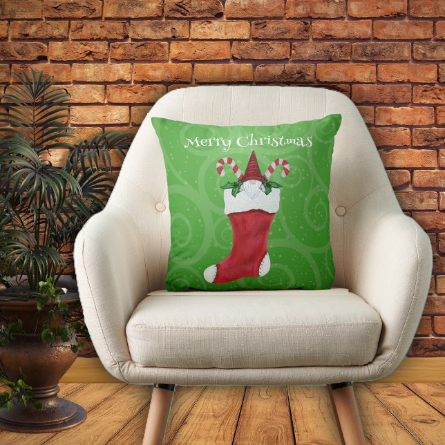 Bearded Gnome in Christmas Stocking Green Swirls Cushion (Little gnome with white beard in red Christmas Stocking candy canes green swirled throw pillow.)