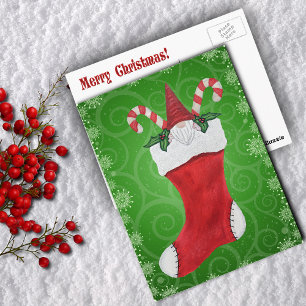 Bearded Gnome in Christmas Stocking Green Swirls Postcard