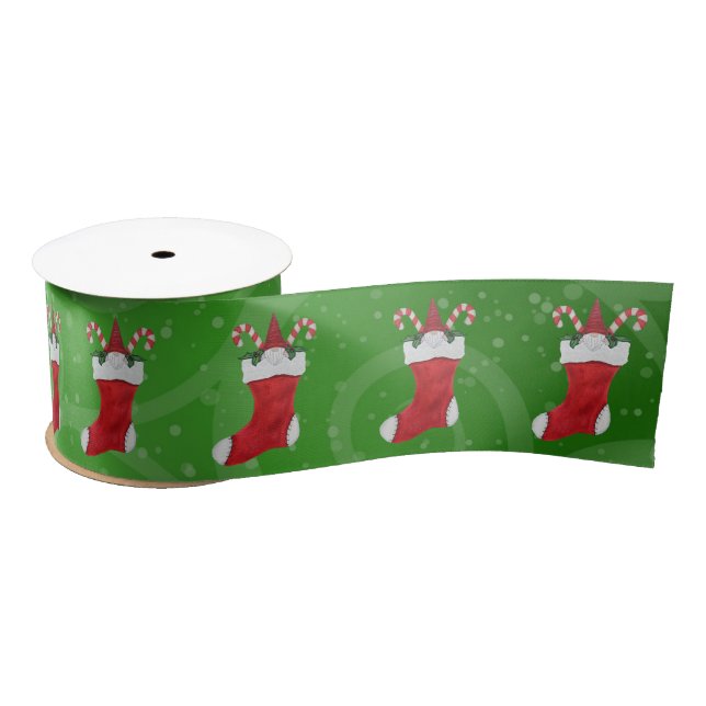 Bearded Gnome in Christmas Stocking Green Swirls Satin Ribbon (Spool)