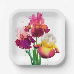 Bearded iris and splashes of watercolor painting	 paper plate