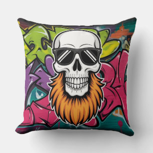 Bearded Skull Graffiti Throw Pillow