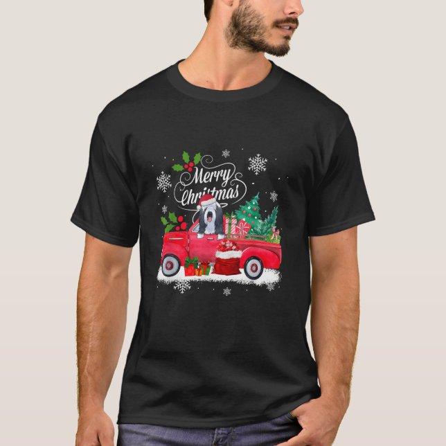 Beared Collie Dog Merry Christmas Reindeer Truck X T-Shirt (Front)