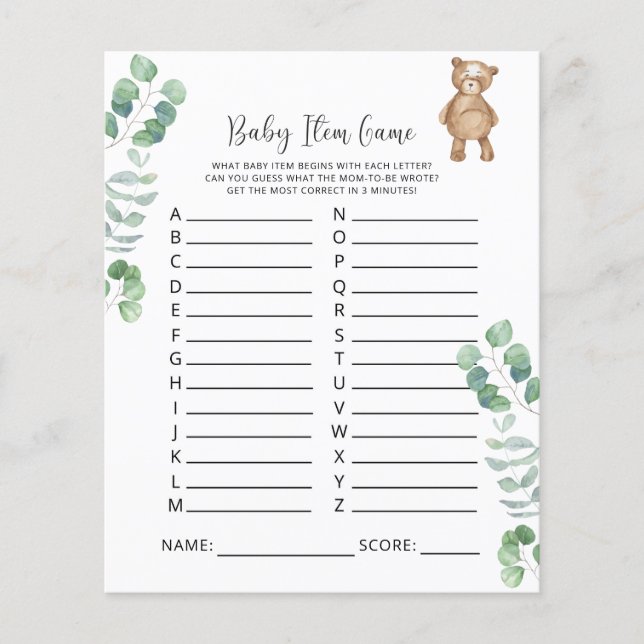 Bearly Baby Item Game. Baby Shower Game (Front)