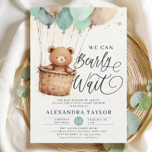 Bearly Hot Air Balloons Sage Green Baby Boy Shower Invitation