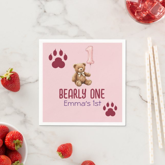 Bearly One | Brown Teddy Bear First Birthday Napkin (Insitu)