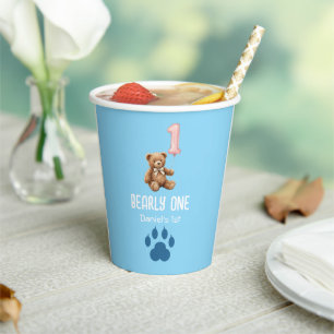 Bearly One   Brown Teddy Bear First Birthday Paper Cups