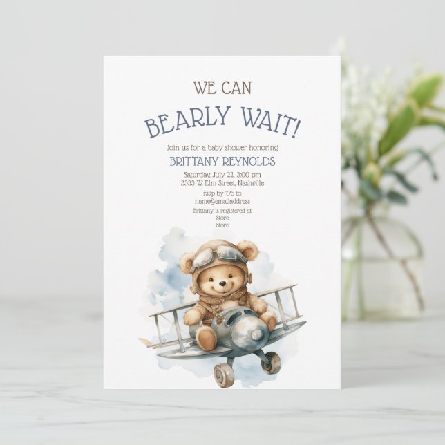 Bearly Wait Aeroplane Flying Bear Blue Baby Shower Invitation (Standing Front)