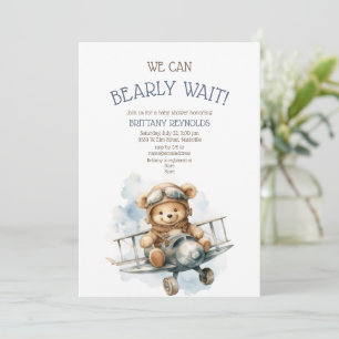 Bearly Wait Aeroplane Flying Bear Blue Baby Shower Invitation