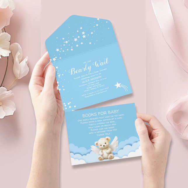 Bearly Wait Angel Teddy Bear Blue Baby Shower All In One Invitation (Creator Uploaded)