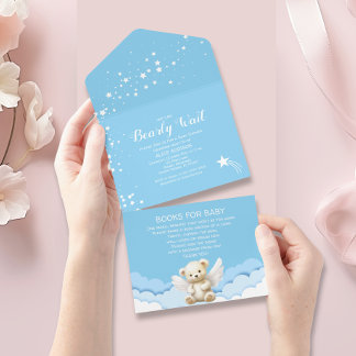 Bearly Wait Angel Teddy Bear Blue Baby Shower All In One Invitation