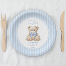 Bearly Wait Baby Shower Teddy Bear & Blue Stripes