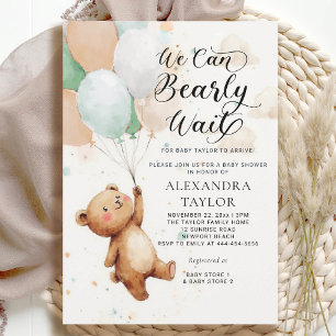 Bearly Wait Balloons Sage Tan Bear Baby Boy Shower Invitation
