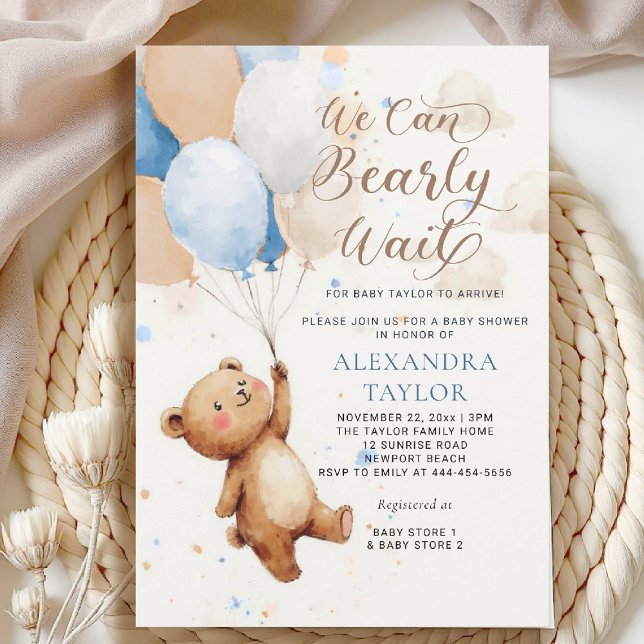 Bearly Wait Balloons Watercolor Boy Baby Shower Invitation (bearly wait baby shower invitation boy blue brown tan balloons whimsical calligraphy watercolor)