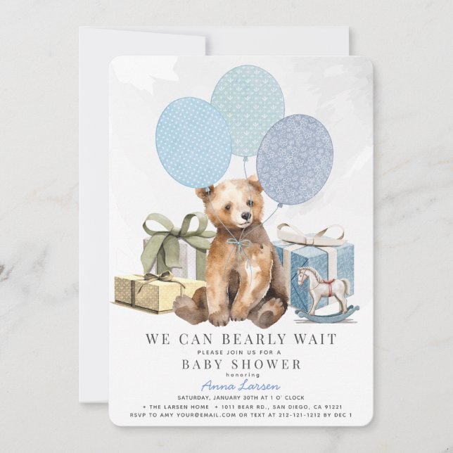 Bearly Wait Bear Blue Balloon Boy Baby Shower Invitation (Front)