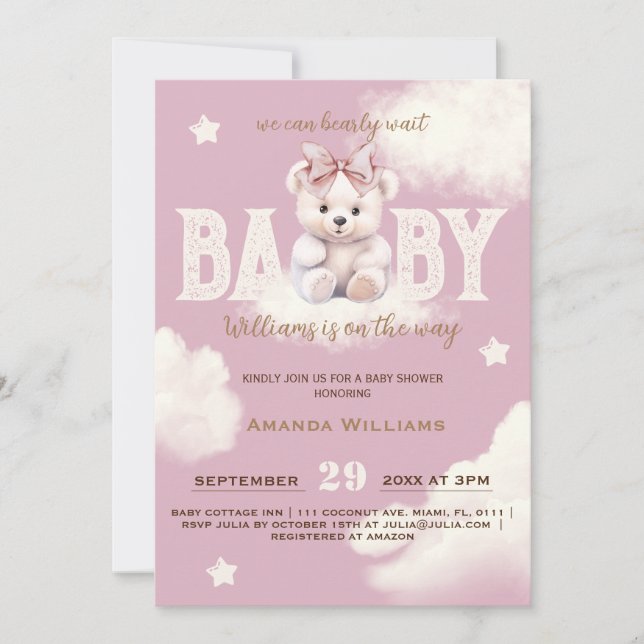 Bearly Wait Bear Bow Baby Girl Shower Invitation (Front)