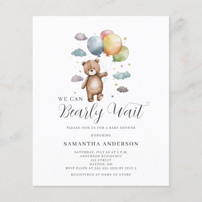 Bearly Wait Bear Budget Baby Shower Invitation Flyer (Front)