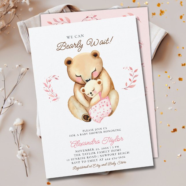 Bearly Wait Bear Cub Woodland Baby Girl Shower Invitation (we can bearly wait baby girl shower invitation mama bear cub woodland forest cute sweet animal)