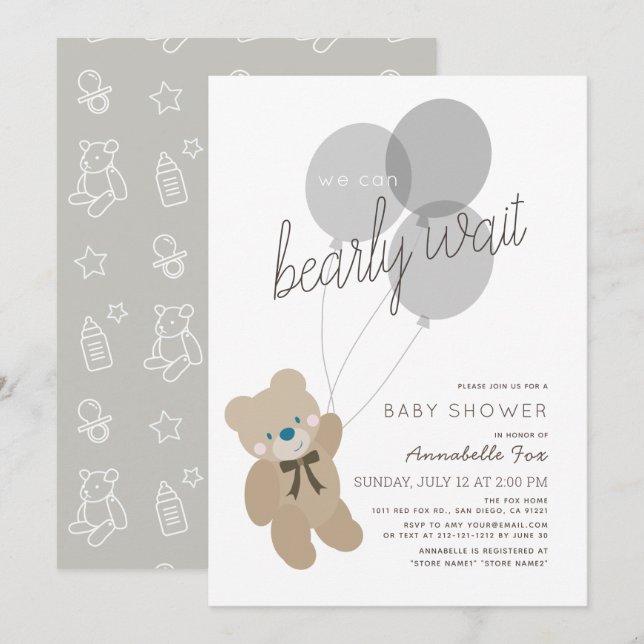 Bearly Wait Bear Gender Neutral Grey Baby Shower Invitation (Front/Back)