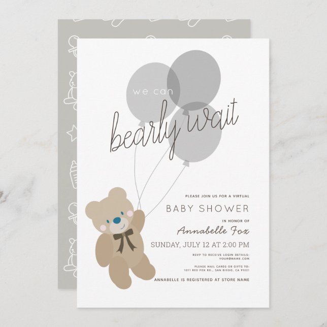 Bearly Wait Bear Grey Virtual Baby Shower Invitation (Front/Back)