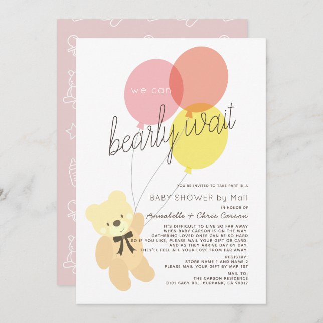Bearly Wait Bear Pink Baby Shower by Mail Invitation (Front/Back)