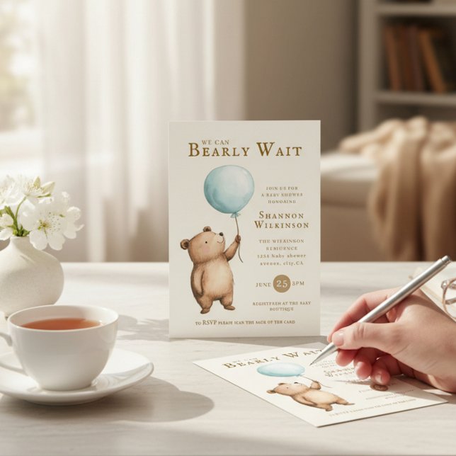 Bearly Wait blue Balloon Baby Shower QR Code  Invitation (Creator Uploaded)